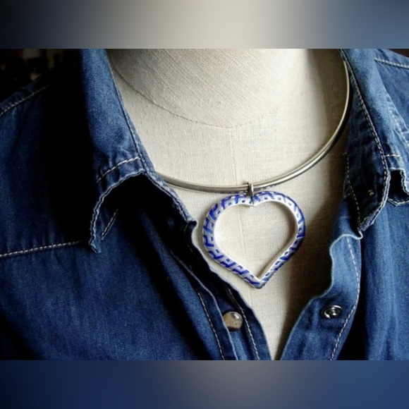 Rare Vintage GUCCI Cobalt Blue STERLING SILVER Enamel HEART Necklace Pendant GG - Picture 3 of 10
